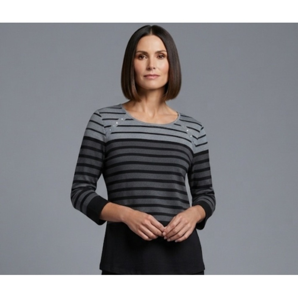 Karen Scott Sport Womens Grey Black Striped 3/4 Sleeve Studded Top Medium
